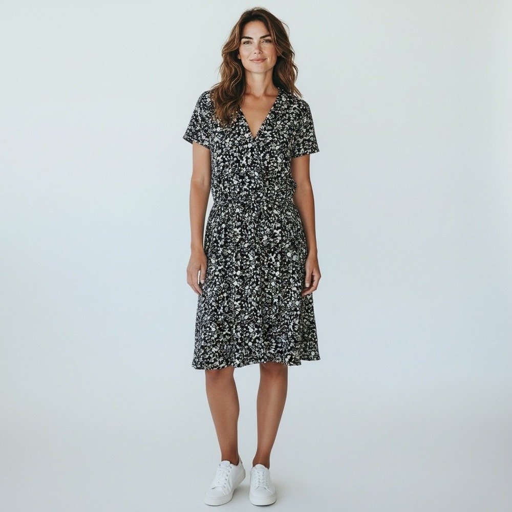 J.CREW Mercantile Black‎ Ditsy Floral Faux Wrap Dress Sz L Office Casual Work
